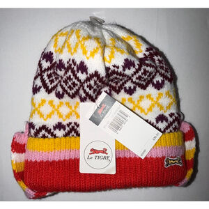NWT Girl Le Tigre One Size Fair Isle Knit Beanie Winter Colorful Earflaps Ski